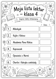 Lista lektur do klasy 4 (różne wersje) czarno-białe