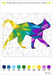 Tabliczka mnożenia, mnożenie przez 7, wielokrotności, kolorowanka geometryczny kot