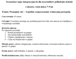 Scenariusz zajęć integracyjnych dla uczestników półkolonii, kolonii i obozów, 7-9 lat