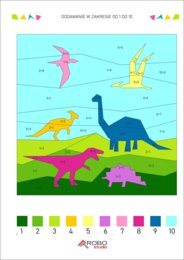 Kolorowanka matematyczna, dodawanie od 1 do 10, dzień dinozaura, prehistoria, matematyka i sztuka.
