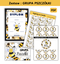 Zestaw Etykiety, Medaliony, Dyplom, Naklejka z nazwą grupy - Dla Grupy Pszczółki