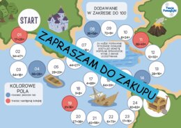 Działania w zakresie do 100 (dodawanie, odejmowanie, mnożenie, dzielenie) - 4 plansze do gry "Poszukiwacze skarbów".