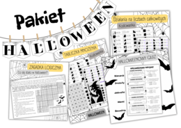 PAKIET 5 MATERIAŁÓW – HALLOWEEN – kodowanka / łamigłówka / zagadka / liczby całkowite / tabliczka mnożenia / procenty / quiz / napis