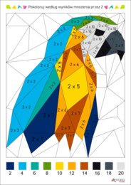 Tabliczka mnożenia, mnożenie przez 2, wielokrotności, kolorowanka papuga