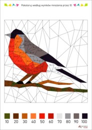 Tabliczka mnożenia, mnożenie przez 10, wielokrotności, kolorowanka ptaszek