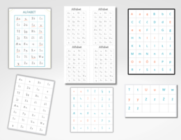 Alfabet kolorowy i czarno-biały. Wklejki do zeszytu. Pisane i drukowane litery - czarno-białe i kolorowe.