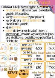 Materiały na lekcję New English Adventure 3 unit 5 - MY DAY, czynności codzienne, określanie godzin, What time is it - telling the time