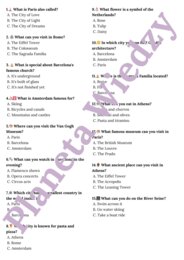 🌞WAKACYJNY QUIZ - MIASTA EUROPEJSKIE🌞 KARTA PRACY – SUMMER HOLIDAY – KLASY 4-8 SZKOŁY PODSTAWOWEJ- PODSTAWOWE FAKTY O TURYSTYCZNYCH MIASTACH/ ATRAKCJACH, TEKSTY I QUIZ WIEDZY - RZYM, BARCELONA, PARYŻ, AMSTERDAM, ATENY, PRAWDA/FAŁSZ, DYSKUSJA W PARACH + O