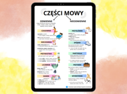 Notatka - części mowy - czasownik, rzeczownik, przymiotnik, przysłówek, zaimek, liczebnik, przyimek, partykuła, spójnik, wykrzyknik, egzamin ósmoklasisty