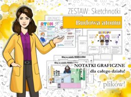 Klasa 7. Chemia. Budowa atomu. Budowa materii. Jak to jest połączone. Sketchnotki/Notatki graficzne do całego działu. PAKIET! Karta pracy. Zadanie. Bajkowa chemia.