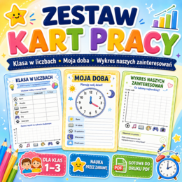 Zestaw kart pracy: „Klasa w liczbach”, „Moja doba” i „Wykres naszych zainteresowań”