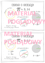 Pole koła i długość okręgu - notatka (plansza) + karta pracy. klasa 7 - 8.