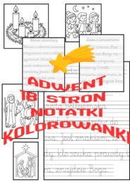 9 pięknych kolorowanek adwentowo-bożonarodzeniowych oraz 9 kart do pisania po śladzie.