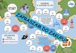 Działania w zakresie do 100 (dodawanie, odejmowanie, mnożenie, dzielenie) - 4 plansze do gry "Poszukiwacze skarbów".