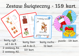 Pakiet świąteczny: karty ruchu, karty liter, karty cyfr i puzzle. Gry, zabawy, zabawy logiczne