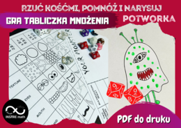 GRA TABLICZKA MNOŻENIA Światowy Dzień Tabliczki Mnożenia. Rzuć kośćmi, pomnóż i narysuj potworka. Matematyka na Halloween