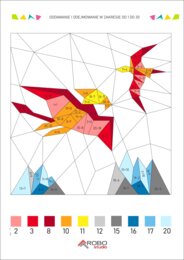 Kolorowanka matematyczna, dodawanie i odejmowanie od 1 do 20, dzień dinozaura, prehistoria, matematyka i sztuka.
