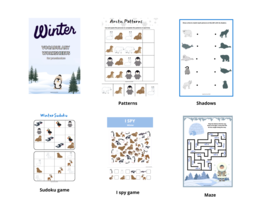 Winter Artic Animals Worksheet Set + Flashcards- zwierzęta arktyczne, karty pracy dla przedszkolaka, ucznia zerówki przedszkolnej, I spy, sudoku, labirynt, karty obrazkowe , język angielski