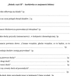 Dziady cz. II Adam Mickiewicz - kartkówka ze znajomości lektury