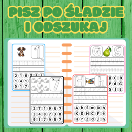 Zestaw ćwiczeń: nauka cyfr i liter – pisz po śladzie i odszukaj