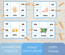 Klamerkowe pomoce - wyrazy dwusylabowe - litery pisane