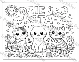 DZIEŃ KOTA - plakat - kolorowanka XXL do druku - 6 kart A4 + miniatura