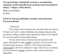 Chłopcy z Placu Broni - sprawdzian.