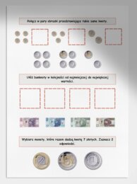 Banknoty i monety. Jaka to kwota? Karta pracy. Sprawdzian
