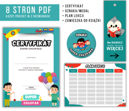 Zestaw na DZIEŃ CHŁOPAKA : Certyfikat, Oznaka, Plan Lekcji, Zawieszka do Książki.