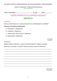 "Pan Tadeusz" Adama Mickiewicza, SZYBKI TESTO-SPRAWDZIAN