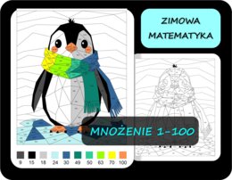 Kolorowanka matematyczna tabliczka mnożenia, pokoloruj według wyników mnożenia, zimowa matematyka 2 pingwin