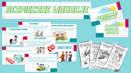 Bezpieczne wakacje - gazetka - prezentacja, napis, kolorowanki