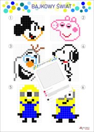 Odkoduj postacie z bajek, Peppa, Minionki, Olaf, Myszka Miki, Snoopy, kodowanie, kodowanka, dyktando graficzne