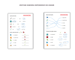 School supplies, objects and equipment - przybory szkolne, dodatkowe karty pracy do nauki słownictwa, język angielski, czytanie, pisanie po sladzie, słowniczek, dodatkowo mini karty obrazkowe, klasa 1,2,