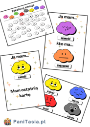 EMOCJE - pakiet: karty demonstracyjne 8 sztuk, gra "Ja mam, kto ma..." + instrukcja, kolorowanka "Pokoloruj emocje", karta pracy "Jak się dziś czuję"