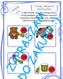 Karta pracy na Walentynki i nie tylko. Procenty - obliczanie cen towarów po obniżce.