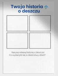 Karty pracy: kolorowanki z deszczem, parasolkami, dziećmi w kaloszach.