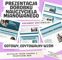 Prezentacja na awans zawodowy: Gotowy, w pełni edytowalny wzór dla nauczyciela mianowanego (PPTX)
