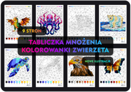 Kolorowanka według wyników mnożenia - VOL 2- (9 stron) poziom trudny, zestaw podstawowy na dzień tabliczki mnożenia, mnożenie 1-100, wielokrotności