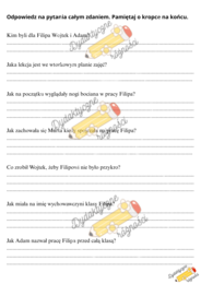 Czytanie ze zrozumieniem (2 teksty dłuższe + 7 pytań wymagających odpowiedzi pisemnych całym zdaniem).