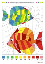 Tabliczka mnożenia, mnożenie przez 4, wielokrotności, kolorowanka rybki