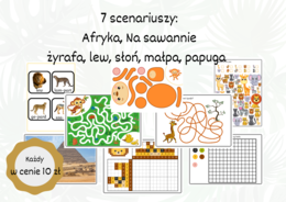 Afryka 7 scenariuszy Afryka (Wartość 12 zł) + piękny wiersz: na sawannie, lew, słoń, małpa, papuga, żyrafa