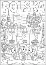 DARMOWA KOLOROWANKA A4 - ŚWIĘTA MAJOWE: 1 maja, 2 maja, 3 maja; karta pracy; dekoracja; gazetka; plakat