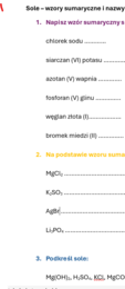 Kartkówka/karta pracy wzory i nazwy soli
