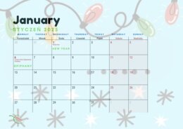 Styczeń January cały miesiąc z miejscem na notatki oraz opisem Polskich świąt w j. angielskim