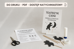 Teatrzyk cieni: własnoręcznie zrobione figurki z tektury, lampa, biała ściana.