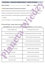 MOWA ZALEŻNA - E8– Zbiór zadań do egzaminu ósmoklasisty z języka angielskiego. Poziom A2/A2+ – 20 STRN ZADAŃ, zamiana zdań na mowę zależna, poprawna składnia, zmiany czasów, wypełnianie luk w tekście, tworzenie własnych zdań i historii + ODPOWIEDZI