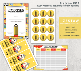 Zestaw PASOWANIE NA UCZNIA : Dyplom, Oznaka, Plan Lekcji, Zawieszka do Książki