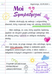 Witacz klasowy polonistyczny, List polonistki do uczniów - zestaw, dekoracje