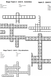 Bugs Team 2 – Unit 6 – krzyżówki – Activities/City attractions/Extra words